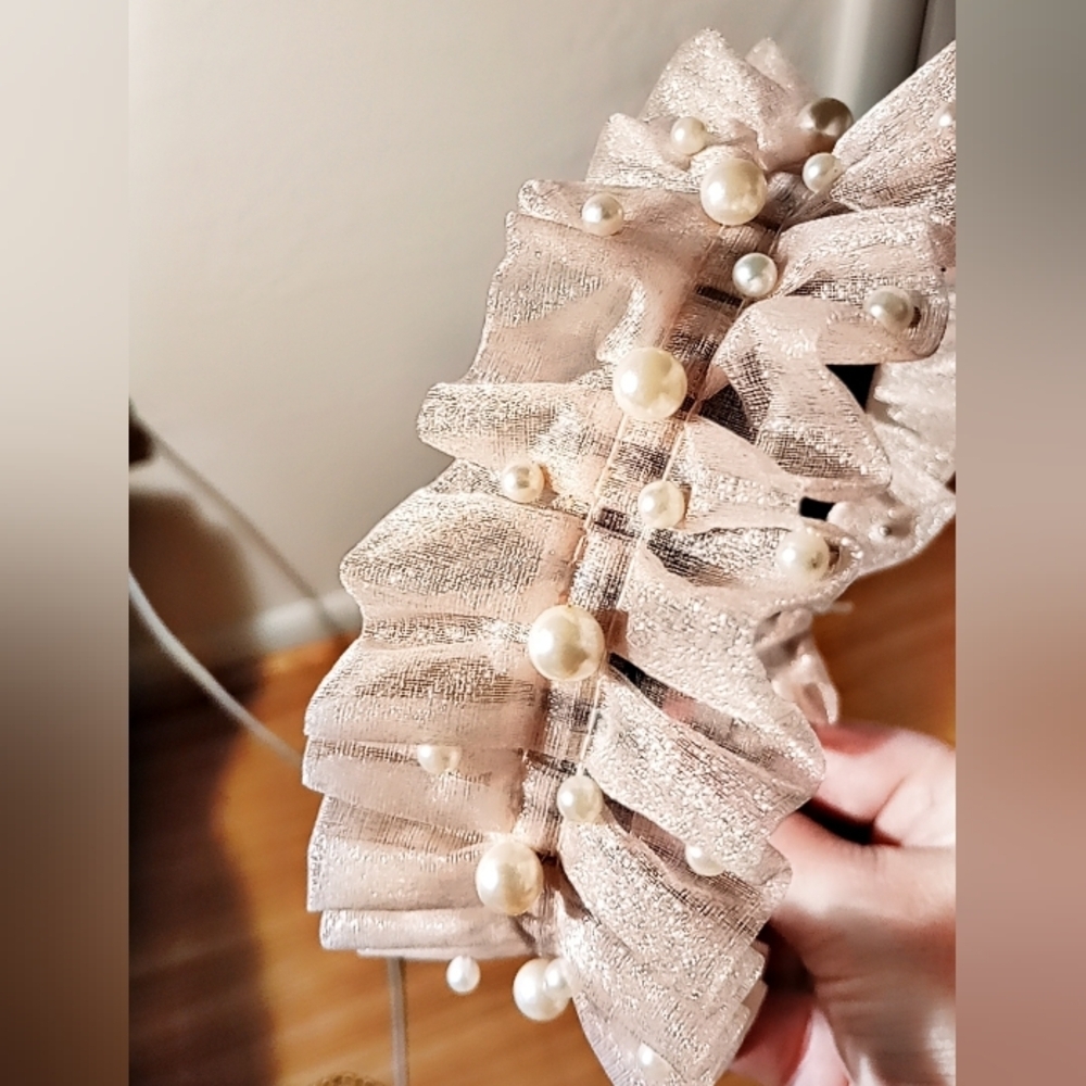 Gorgeous Pink Ruffled Tulle Headband with Faux Pearls | Bridal, Coquette, Fairyc - Picture 6 of 13